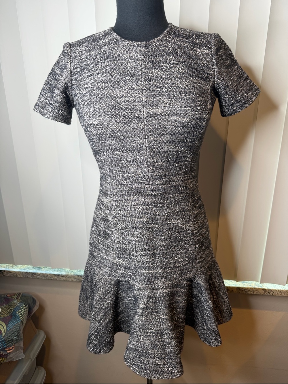 Theory Gray Tweed Mini Dress with Flounce Hem featuring marled pattern SZ 4